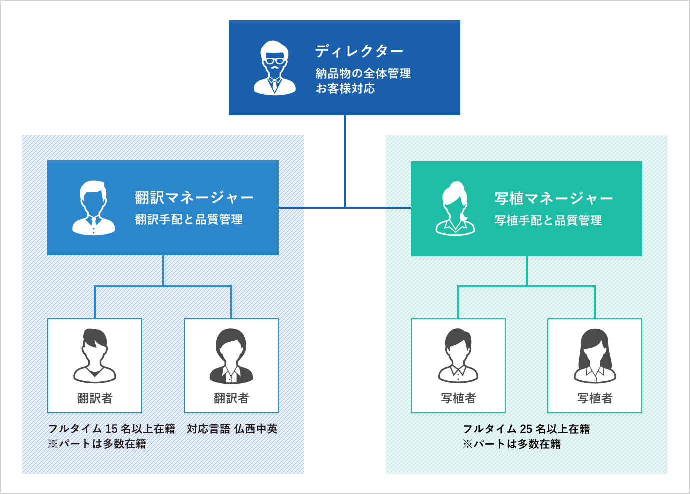 ディレクター 翻訳マネージャー 翻訳者(フルタイム15名以上在籍※パートは多数在籍) 写植マネージャー 写植者(フルタイム25名以上在籍※パートは多数在籍)