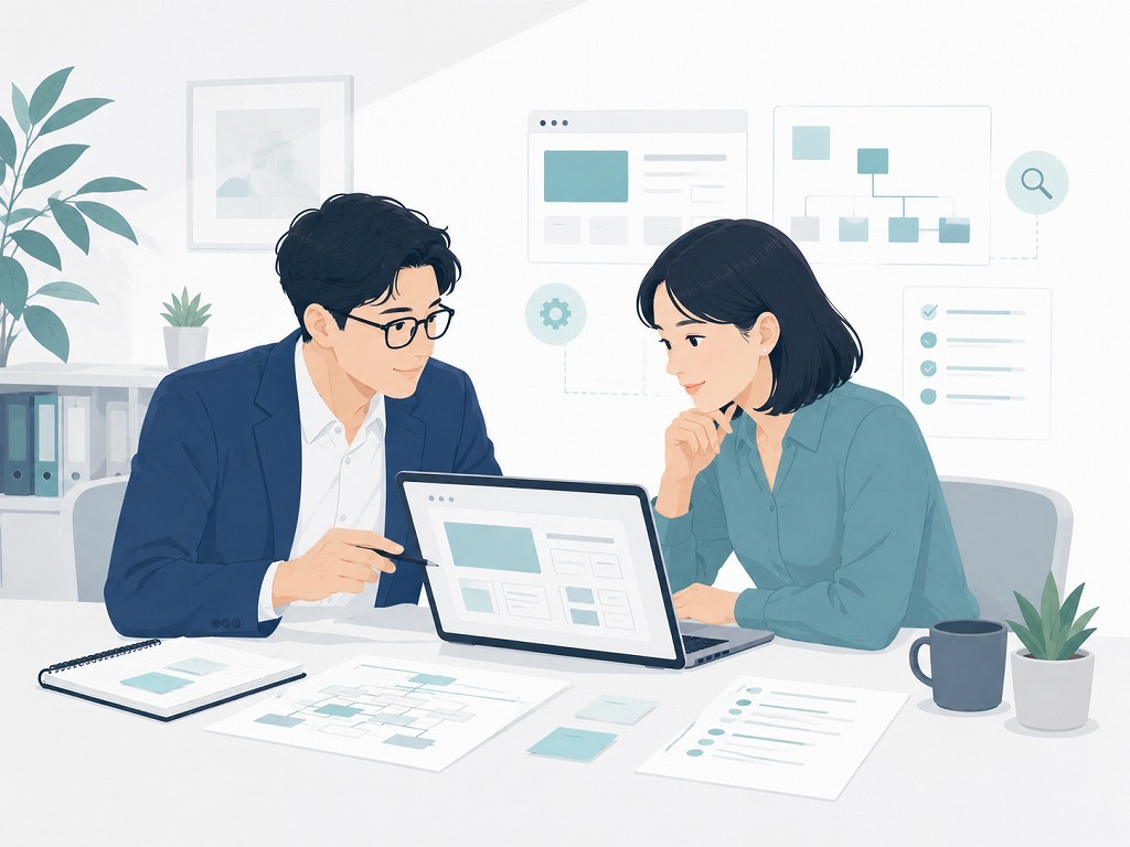 既存システムの構成や課題をノートPCと資料で確認しているイラスト